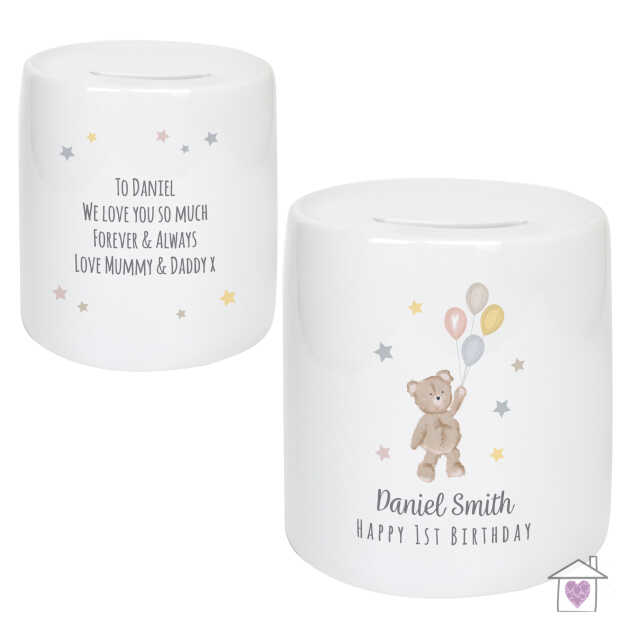 Personalised Teddy & Balloons Money Box - Image 2