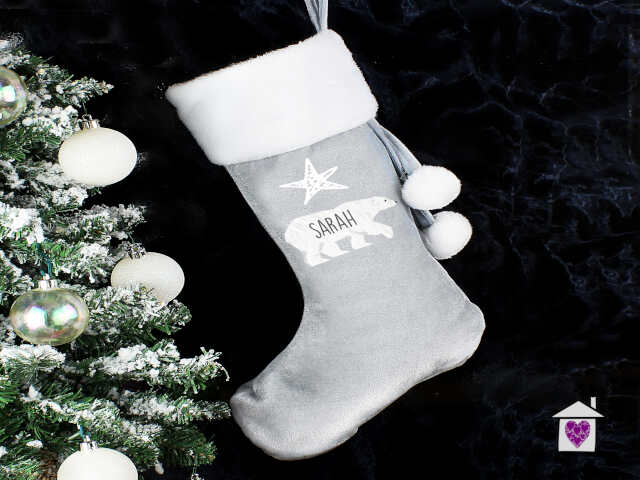 Personalised Polar Bear Luxury Silver Grey Stocking - Image 2