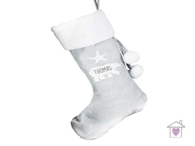 Personalised Polar Bear Luxury Silver Grey Stocking - Image 3