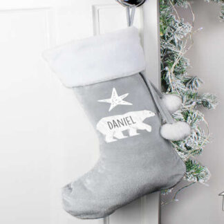 Personalised Polar Bear Luxury Silver Grey Stocking