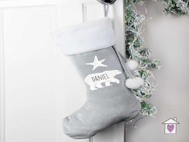 Personalised Polar Bear Luxury Silver Grey Stocking