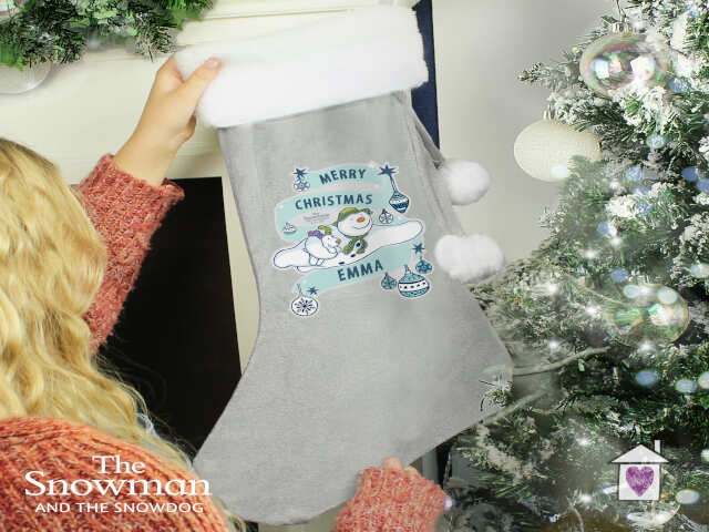 Personalised The Snowman and the Snowdog Luxury Silver Grey Stocking - Image 4