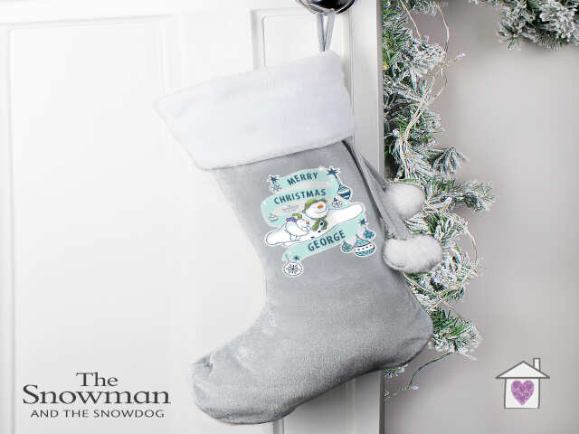 Personalised The Snowman and the Snowdog Luxury Silver Grey Stocking