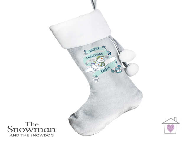 Personalised The Snowman and the Snowdog Luxury Silver Grey Stocking - Image 3