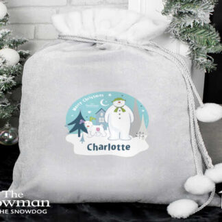 Personalised The Snowman and the Snowdog Luxury Silver Grey Pom Pom Sack