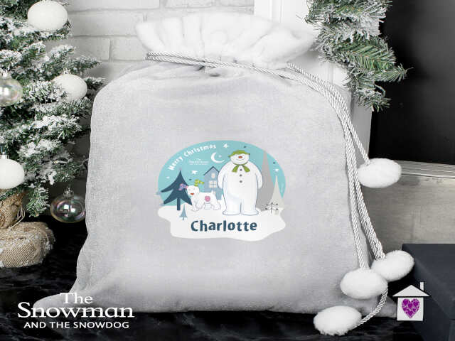 Personalised The Snowman and the Snowdog Luxury Silver Grey Pom Pom Sack