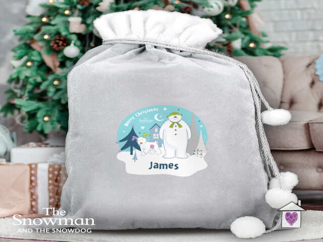 Personalised The Snowman and the Snowdog Luxury Silver Grey Pom Pom Sack - Image 2