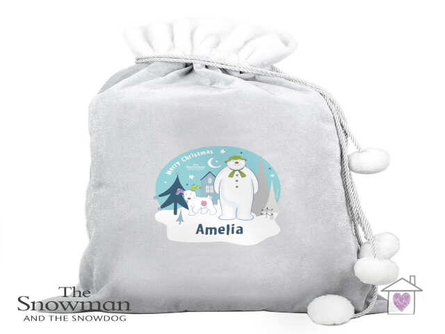 Personalised The Snowman and the Snowdog Luxury Silver Grey Pom Pom Sack - Image 3